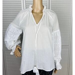 Anthropologie Free The Roses Woman White Long Embroidered Sleeve BoHo Bl…